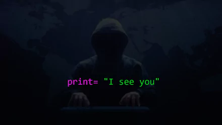 HD desktop wallpaper depicting a dark, mysterious hacker silhouette with Python code text print= 'I see you' against a tech-themed background.