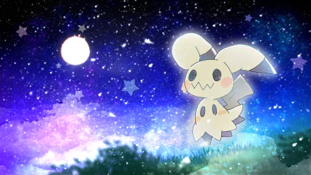 Mimikyu (Pokémon) standing on a grassy hill under a starry purple-blue sky and moon — 2K Quad HD PC desktop wallpaper/background inspired by the Pokémon video game.