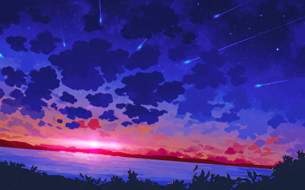 Artistic 4K Ultra HD PC desktop wallpaper: vivid sunset sky with deep blue clouds, streaking meteors, glowing horizon reflected on calm water, silhouetted shoreline.