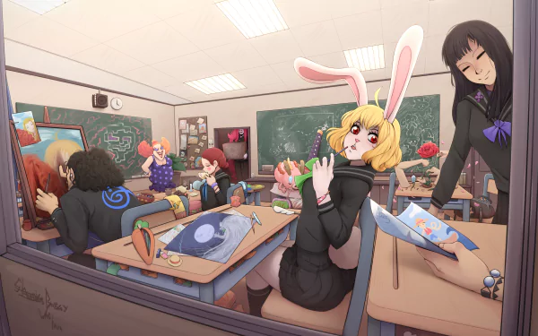 HD PC desktop wallpaper featuring Carrot from the anime One Piece in a lively classroom scene with other characters.