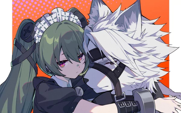 HD PC desktop wallpaper featuring Von Lycaon from the video game Zenless Zone Zero, illustrated by Corin Wickes with a vibrant orange dotted background.