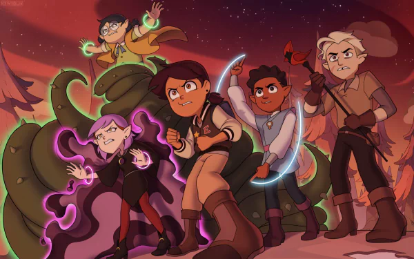 HD desktop wallpaper featuring Hunter, Gus Porter, Willow Park, Amity Blight, and Luz Noceda from the TV show The Owl House in a dynamic, magical forest scene.