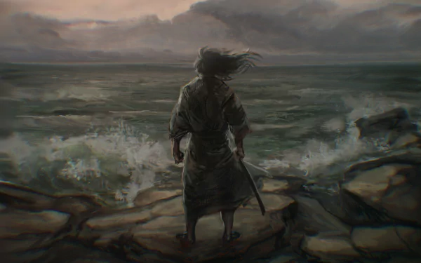 Anime-style HD desktop wallpaper depicting a lone vagabond standing on rocky shores against a stormy sea and dark, cloudy sky.