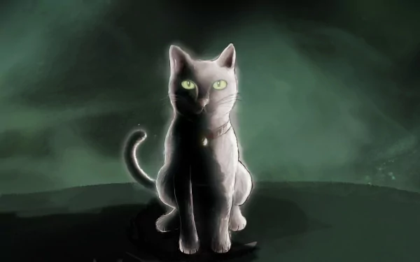 HD PC desktop wallpaper of a glowing gray cat with green eyes sitting on a dark surface amid misty green shadows — artwork from the video game In Sound Mind