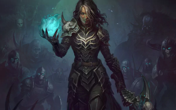 4K Ultra HD Diablo Immortal PC wallpaper showcasing a dark armored character wielding glowing magic, surrounded by eerie shadowy figures in a haunting, immersive video game scene.