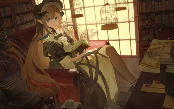Nightingale (Arknights) reading in a sunlit library surrounded by birdcages — 5K Ultra HD PC wallpaper/background from the Arknights video game.
