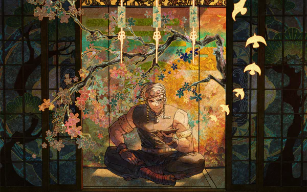 4K Ultra HD anime wallpaper featuring Tengen Uzui from Demon Slayer: Kimetsu no Yaiba, seated in a serene, intricately decorated setting with vibrant, detailed artwork.