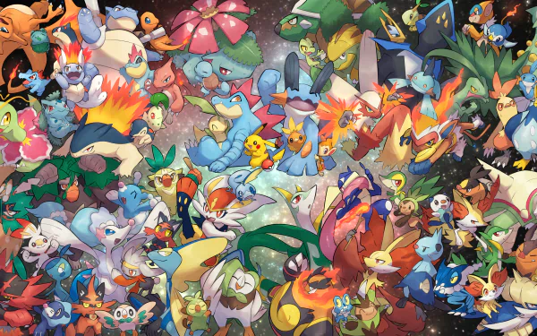 A vibrant 4K Ultra HD wallpaper featuring a dynamic collage of Pokémon characters, showcasing their diverse forms and colors against a cosmic backdrop.