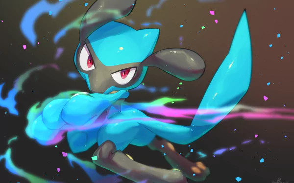 2K Quad HD PC wallpaper of Riolu (Pokémon video game) in a dynamic battle pose, glowing blue aura and streaks of light against a dark, confetti-speckled background.