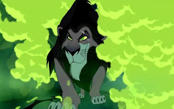 Scar from Disney's The Lion King (1994) is shown with a menacing expression against a vibrant green background in this 4K Ultra HD PC desktop wallpaper.