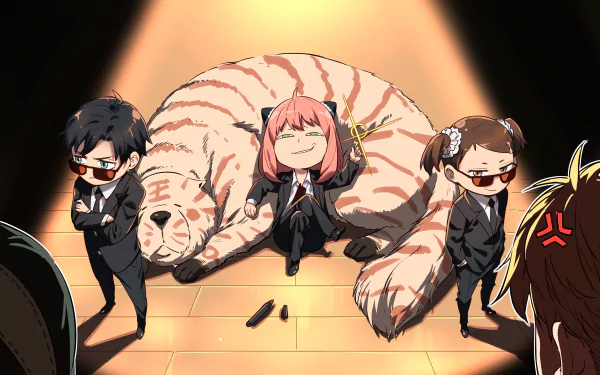 A vibrant HD wallpaper featuring characters Becky Blackbell, Damian Desmond, Anya Forger, and Bond from Spy x Family, displaying a playful and stylish scene with a white tiger.