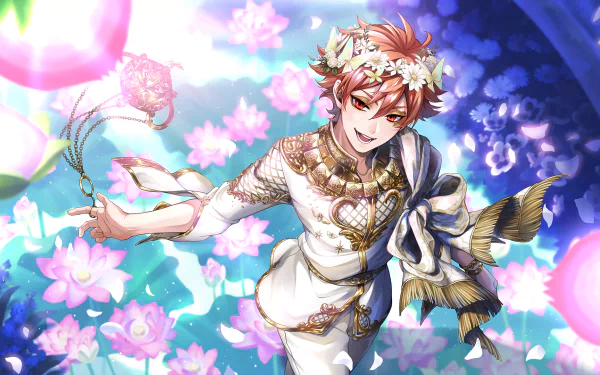 HD PC desktop wallpaper of Ace Trappola from the video game Twisted Wonderland — red-haired figure in ornate white robes and flower crown reaching out amid glowing pink lotus blossoms.