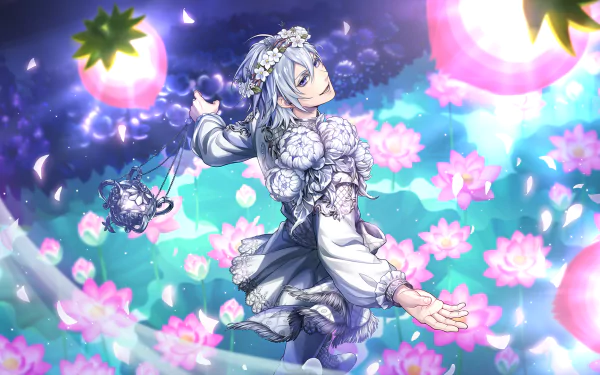 HD PC desktop wallpaper and background featuring Silver (Twisted Wonderland) from the video game, floating amid glowing lotuses and petals in ornate white floral attire.