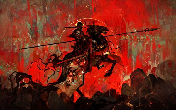 HD fantasy PC desktop wallpaper featuring a knight in dark armor wielding a lance, riding a horse against a dramatic red and smoky background.