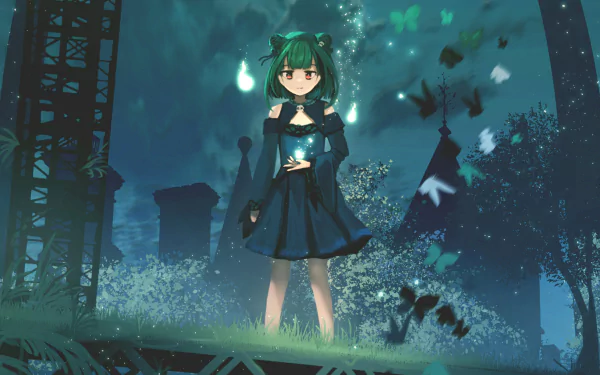 HD PC desktop wallpaper of hololive Vtuber Uruha Rushia in anime style, standing in a glowing teal forest clearing with butterflies and ethereal lights.
