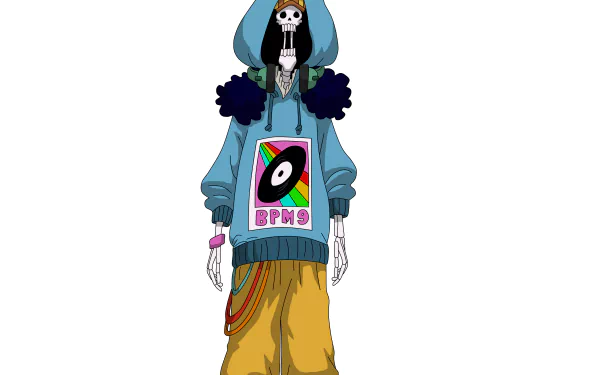 Brook (One Piece) skeleton in a hoodie and baggy yellow pants on white background — anime One Piece 2K Quad HD PC desktop wallpaper/background.