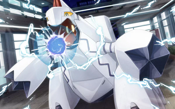 HD PC desktop wallpaper featuring Duraludon from the video game Pokémon: Sword and Shield, depicted in an electrifying battle scene inside an industrial setting.
