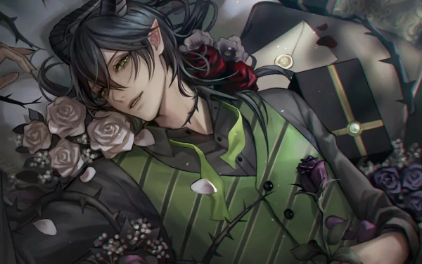 Malleus Draconia, video game character from Twisted Wonderland, reclines among dark roses in a green-striped outfit with golden eyes — HD PC desktop wallpaper/background, moody gothic portrait.