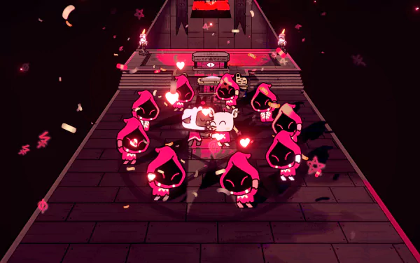 4K Ultra HD Cult of the Lamb video game wallpaper featuring a pixel art lamb character surrounded by robed followers on a dark, mystical platform.