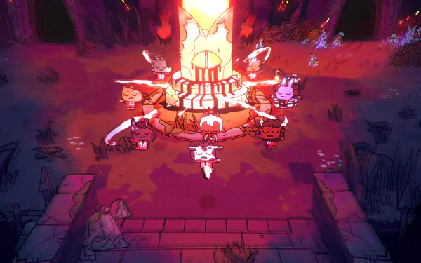 4K Ultra HD PC desktop wallpaper of the video game Cult of the Lamb: a robed lamb leader and cult followers circling a glowing ritual altar in a dark, stylized forest.