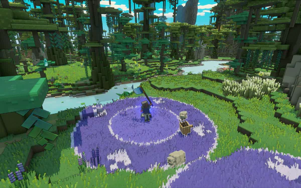 Minecraft Legends HD PC desktop wallpaper/background: two blocky heroes stand on a glowing purple sigil in a lush voxel jungle swamp, surrounded by trees and water.