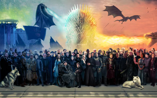 4K Ultra HD Game of Thrones desktop wallpaper featuring Cersei Lannister, Jon Snow, Arya Stark, Tyrion Lannister, dragons, and the Iron Throne at sunset.