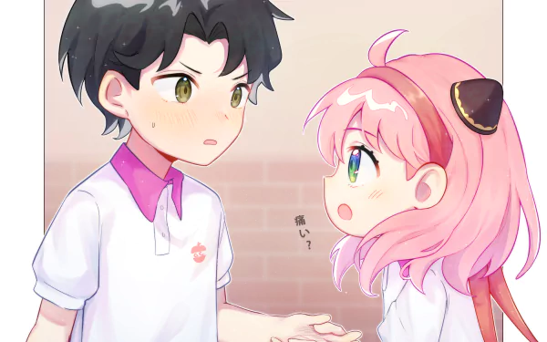 Anya Forger and Damian Desmond from Spy x Family in anime style, facing each other with soft pastel tones — 2K Quad HD PC desktop wallpaper/background.