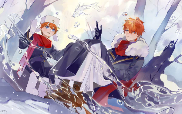 4K Ultra HD PC wallpaper of Teucer and Tartaglia (Childe) from the video game Genshin Impact, in winter coats sliding through snow and splashing water in a dynamic anime-style scene