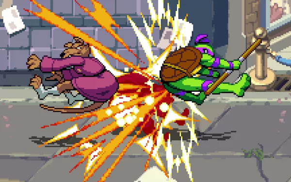 An action-packed scene from the game Teenage Mutant Ninja Turtles: Shredder's Revenge, featuring a ninja turtle delivering a powerful kick to an enemy, set against a vibrant urban background.