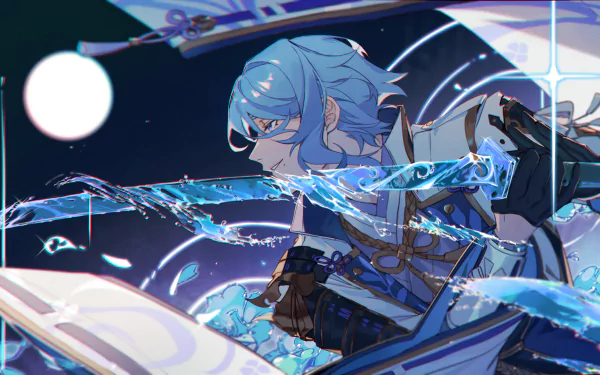 HD PC desktop wallpaper featuring Kamisato Ayato from the video game Genshin Impact, wielding a sword with glowing water effects against a dark, dynamic background.