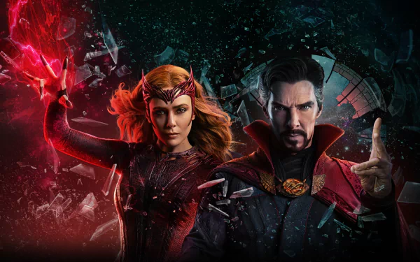 4K Ultra HD wallpaper featuring Scarlet Witch (Elizabeth Olsen) and Doctor Strange (Benedict Cumberbatch) from the movie Doctor Strange in the Multiverse of Madness.