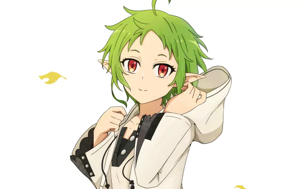 HD PC wallpaper of Sylphiette from Mushoku Tensei: Jobless Reincarnation — green-haired anime girl with red eyes in a white hoodie, smiling on a clean white background.