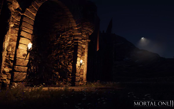 Mortal Online 2 HD wallpaper featuring a mysterious ancient archway at night with atmospheric lighting