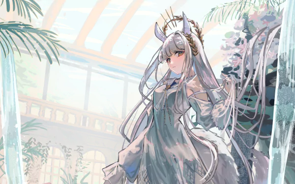 HD PC desktop wallpaper/background of Platinum (Arknights) from the video game Arknights — silver‑haired, horned operator in a flowing gown standing in a sunlit glass conservatory with palms.