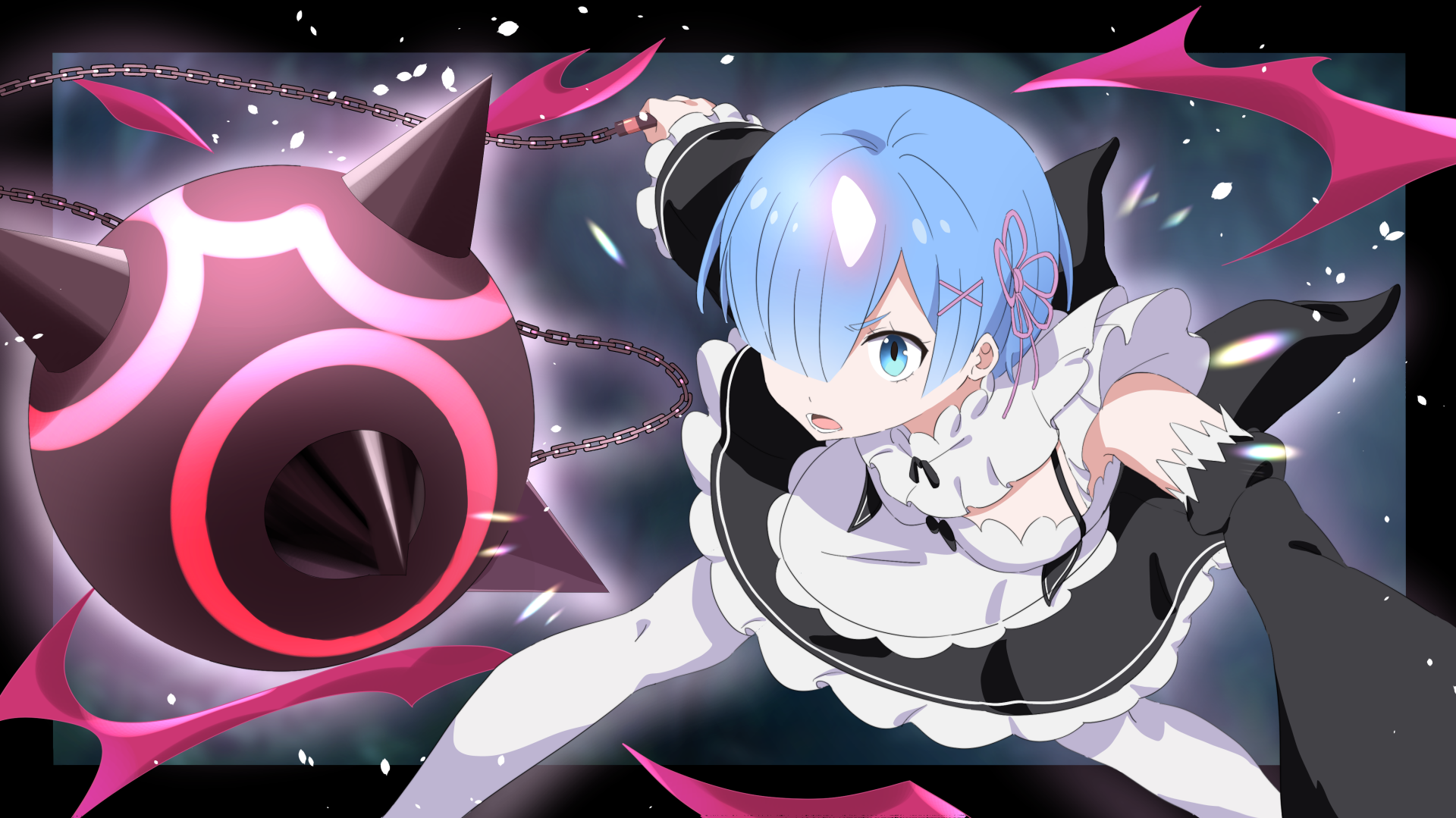 Rem from Re:Zero - Starting Life in Another World in dynamic action pose, featuring vibrant colors and detailed 4K Ultra HD anime art for PC desktop wallpaper.