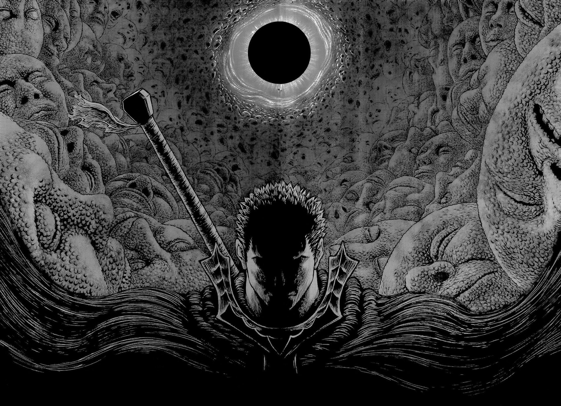 HD desktop wallpaper featuring Guts from the anime Berserk, portrayed in dark tones with intricate details and a menacing background, drawing the viewer into the intense atmosphere.