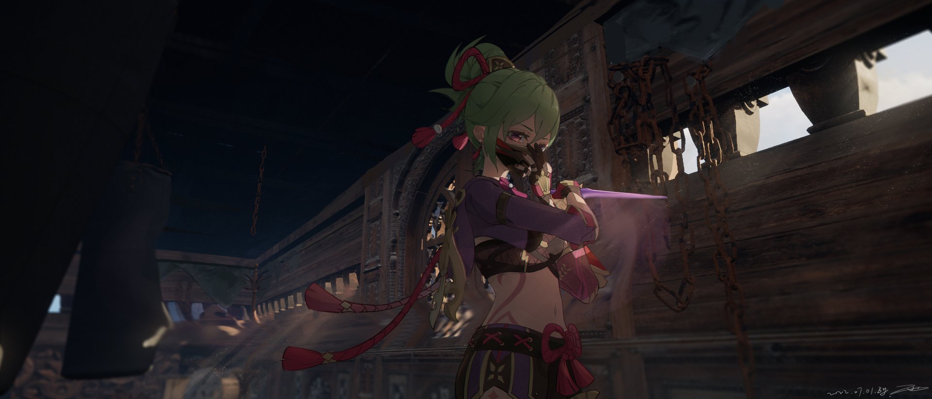 HD PC desktop wallpaper featuring Kuki Shinobu from the video game Genshin Impact, set in a dimly lit, detailed industrial environment.