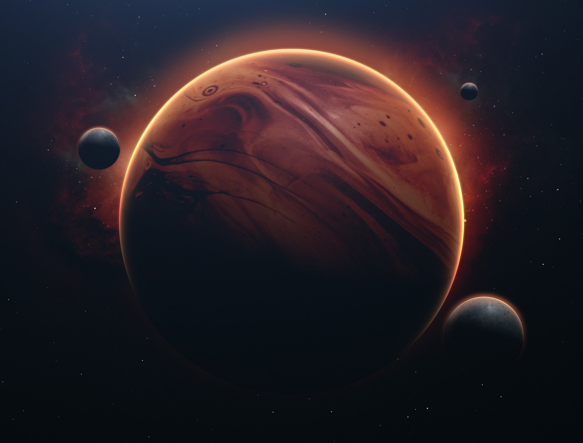 A sci-fi 4K Ultra HD PC desktop wallpaper featuring a glowing, detailed planet with surrounding moons set against a deep space backdrop.
