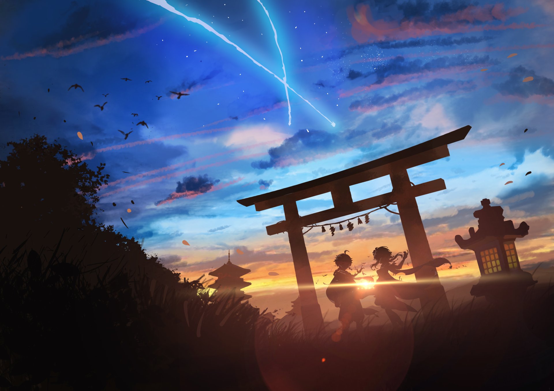 4K Ultra HD Genshin Impact PC wallpaper featuring Lumine and Aether silhouetted at a torii gate during a vibrant sunset sky with streaking comet trails.