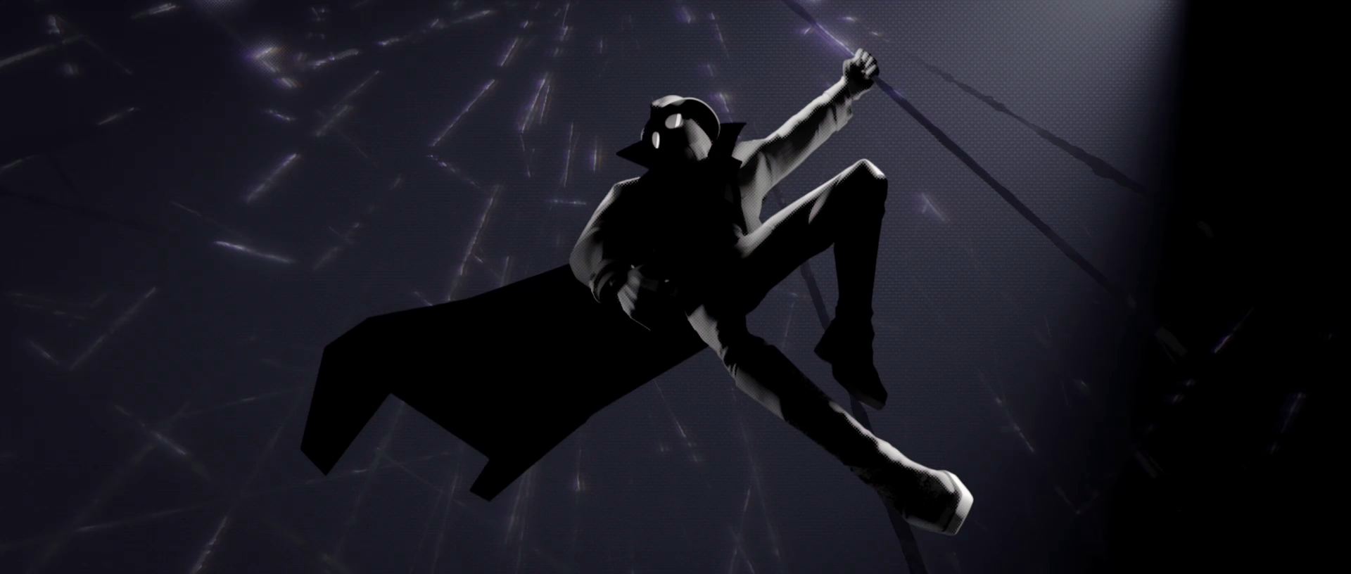 HD PC desktop wallpaper featuring Spider-Man Noir from the movie Spider-Man: Into The Spider-Verse, swinging through a dark, shadowy cityscape.