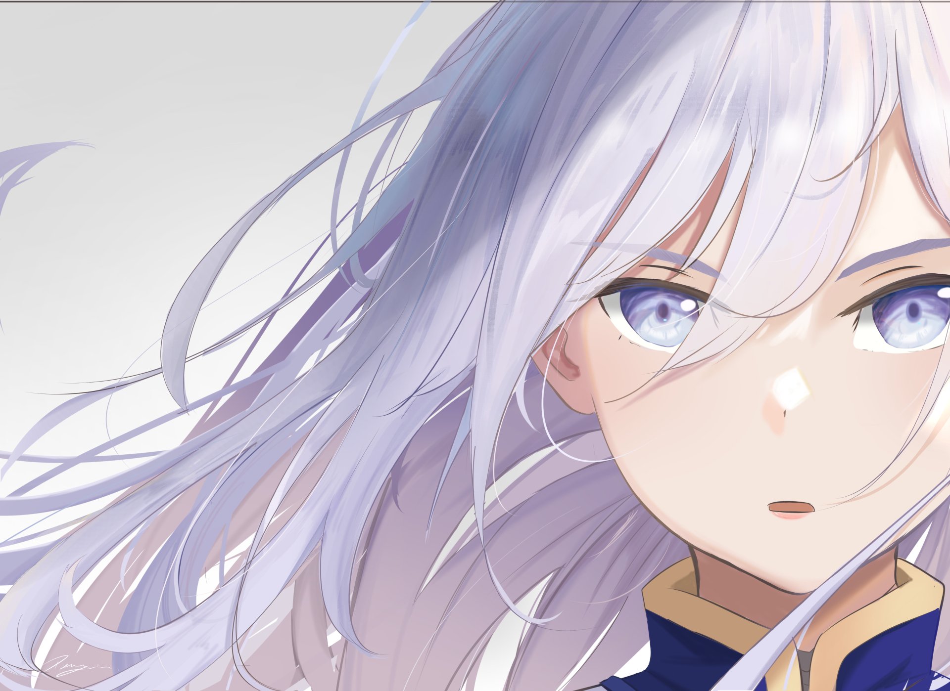 Close-up 4K UHD anime wallpaper of Vladilena Milizé from Eighty Six, featuring her silver hair and striking blue eyes against a soft background.