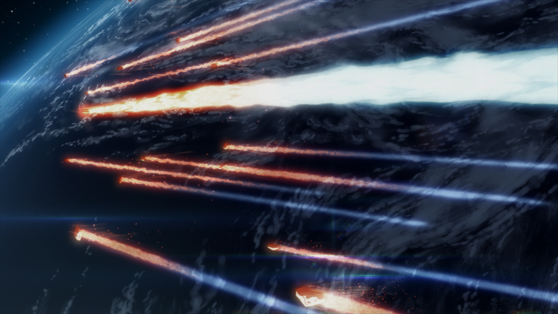 HD PC desktop wallpaper from Your Name, featuring dynamic streaks of light and fiery trails moving across a dark, cosmic background.