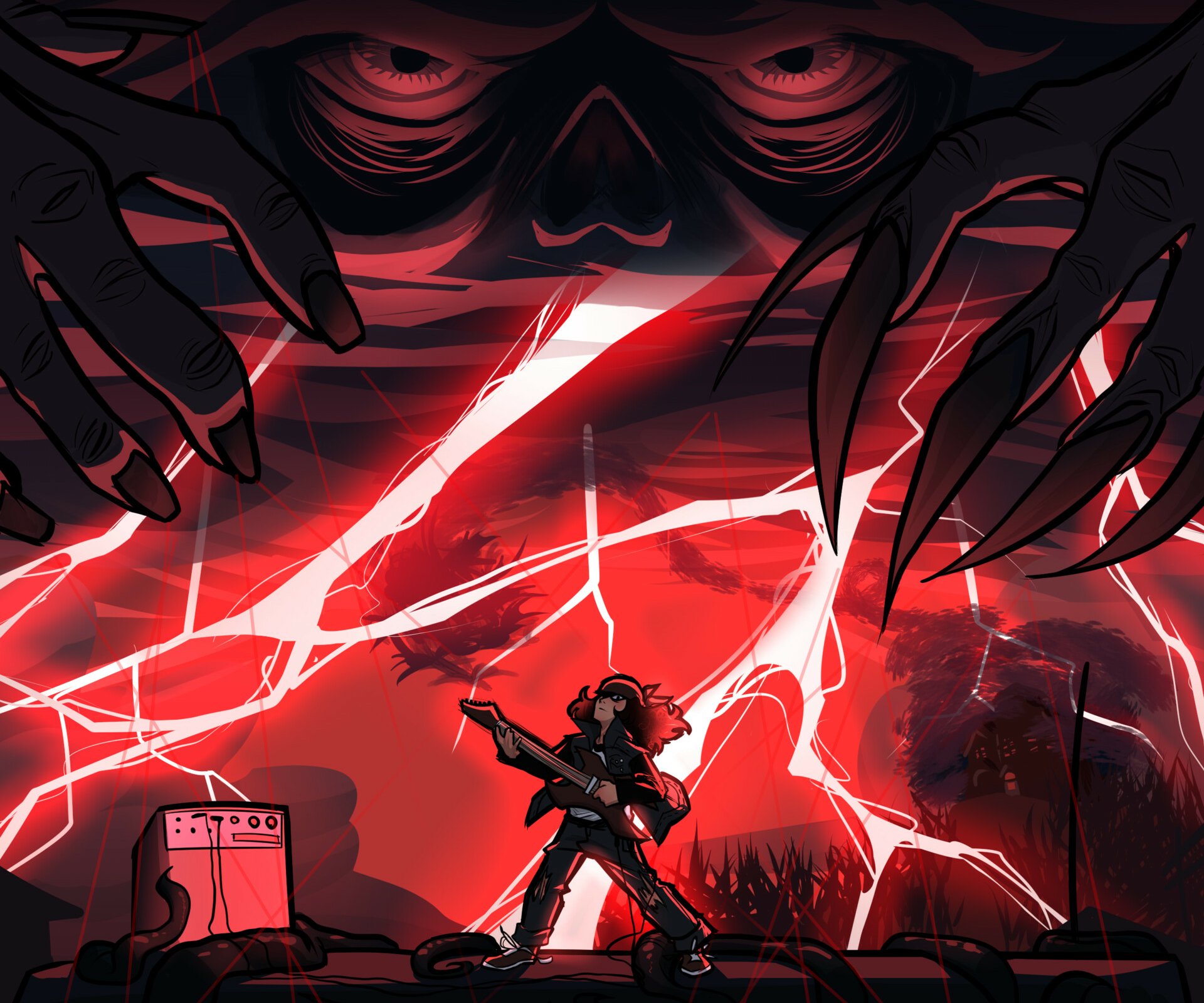 HD PC desktop wallpaper featuring a dramatic Stranger Things scene with a character facing a monstrous figure amid glowing red lightning and dark, ominous hands.