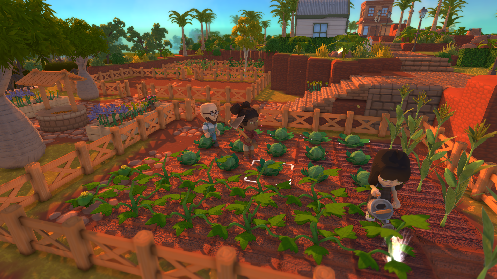 A vibrant HD wallpaper from the video game Dinkum, featuring characters tending to a lush garden with crops and greenery under a bright sky.