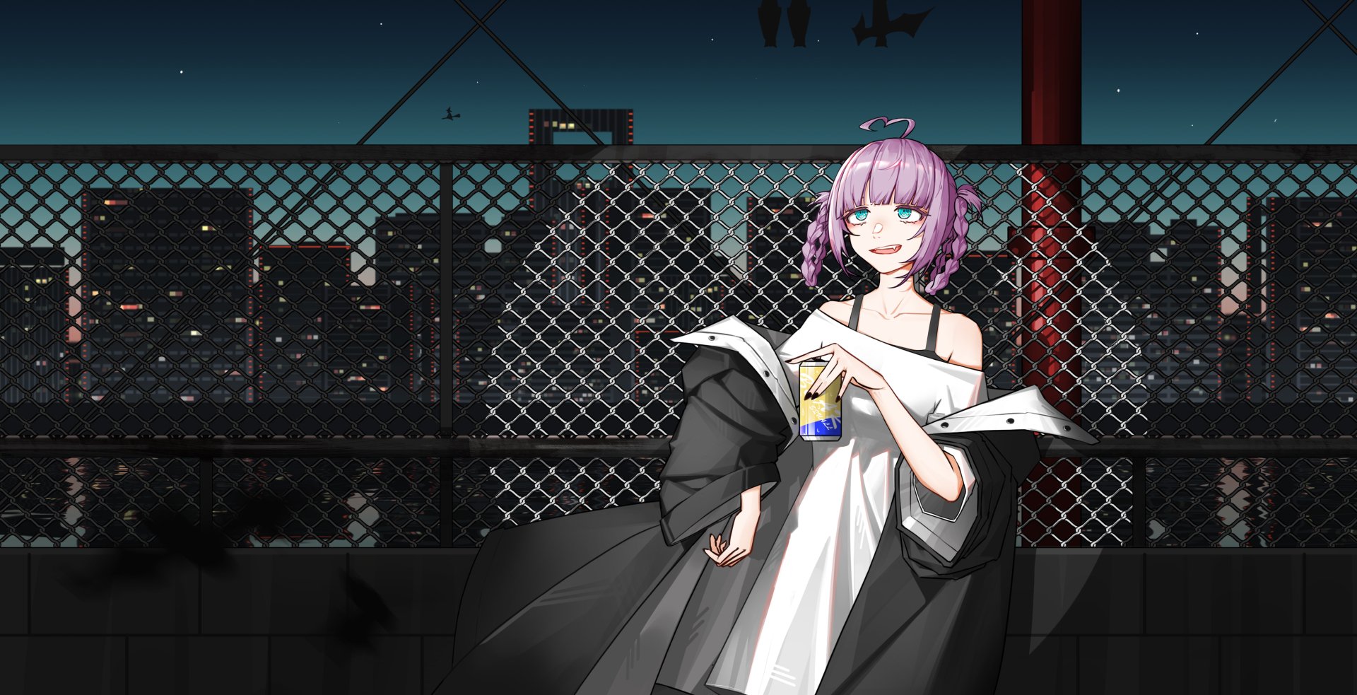HD PC desktop wallpaper featuring Nazuna Nanakusa from the anime Call of the Night, standing against a city nightscape with a chain-link fence background.