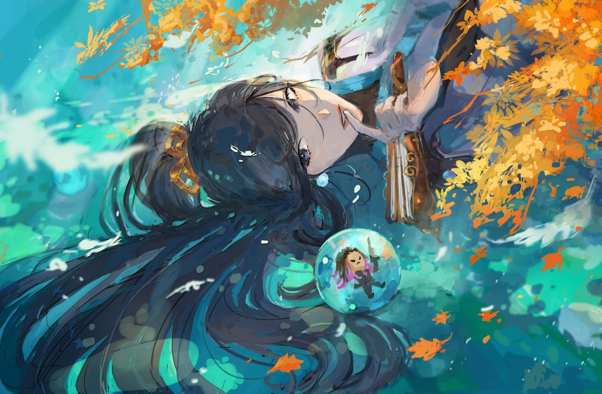 HD PC desktop wallpaper of Sage (Valorant) from the video game Valorant, reclining in teal water amid falling orange leaves while cradling her glowing healing orb.