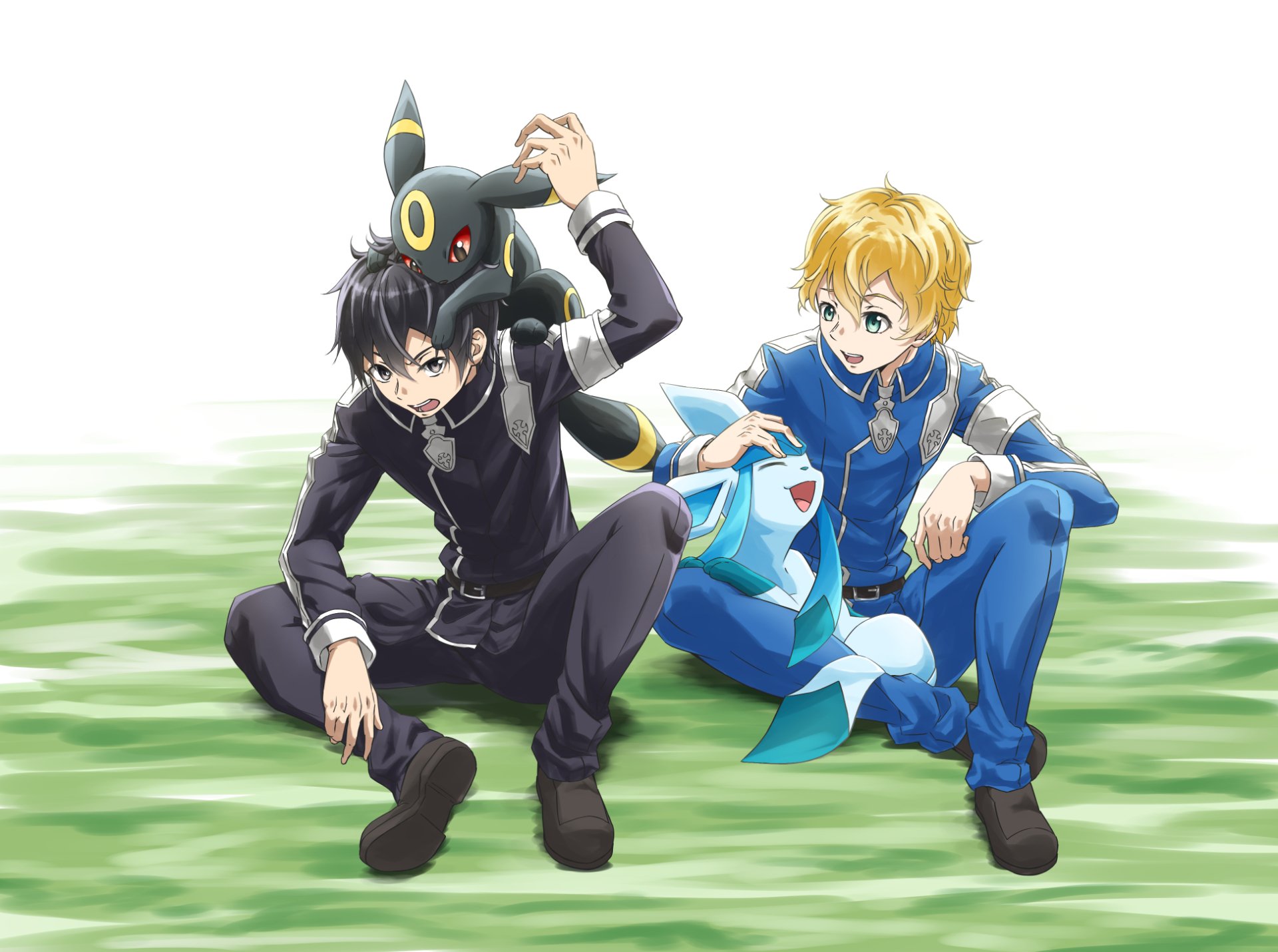 HD anime crossover wallpaper featuring Kirito and Eugeo from Sword Art Online with Pokémon Glaceon and Umbreon on a grassy background.
