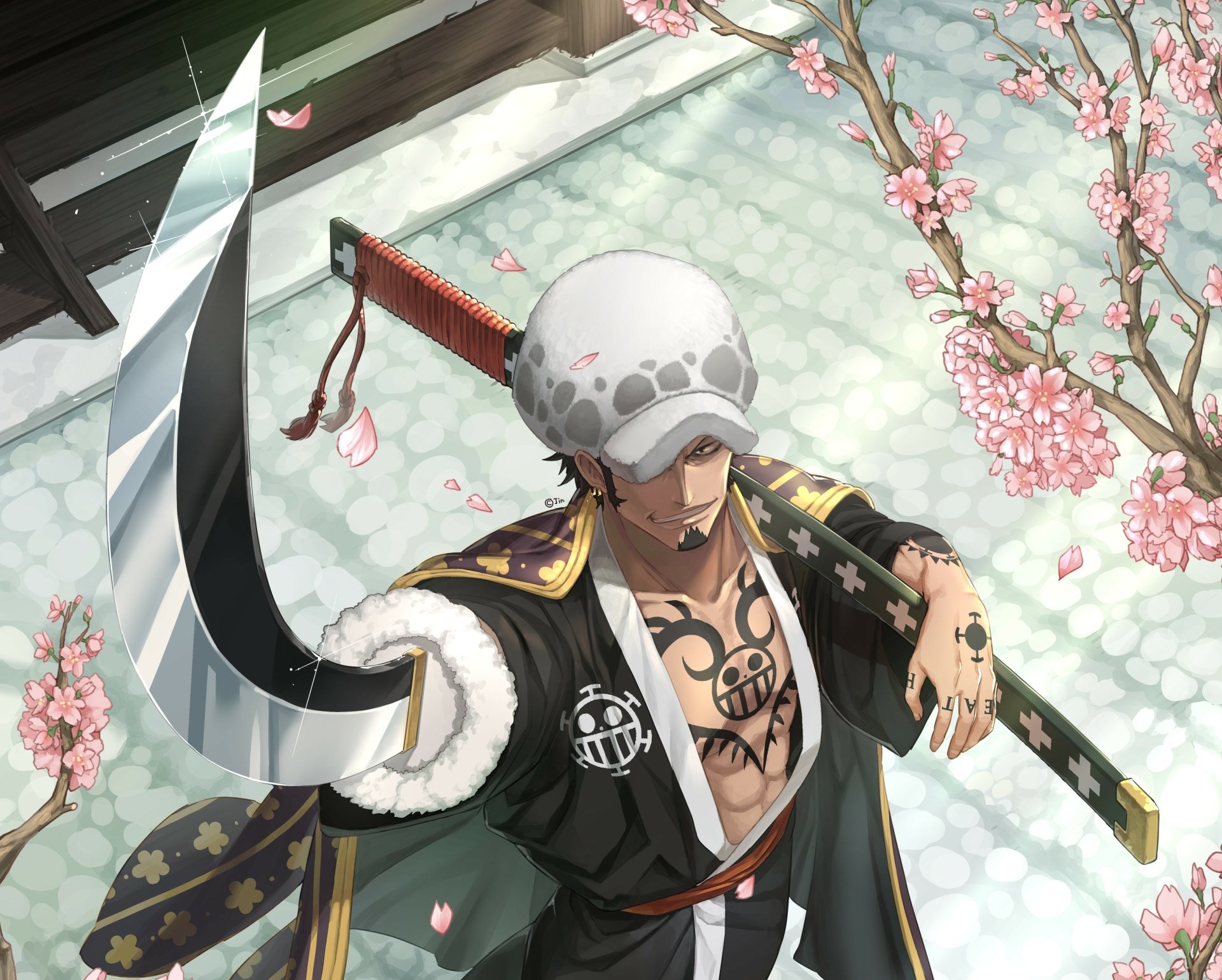 Trafalgar Law from One Piece stands outdoors beneath cherry blossoms, holding a sword, in a detailed 4K Ultra HD anime desktop wallpaper.