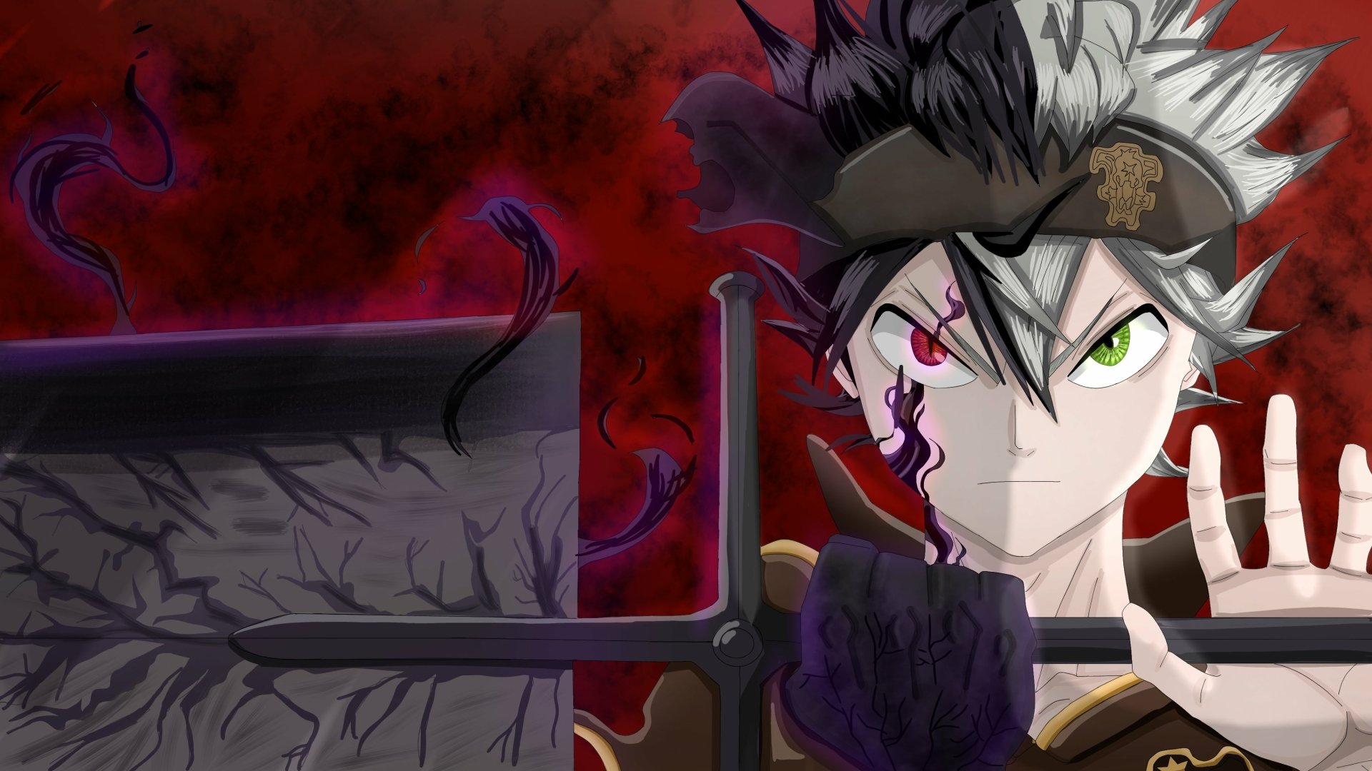 HD PC desktop wallpaper featuring Asta from the anime Black Clover, showcasing his intense gaze and dark magical energy against a fiery red background.
