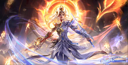 4K Ultra HD PC wallpaper featuring a radiant character from the video game Honor of Kings, adorned in luminous armor with fiery and celestial elements.